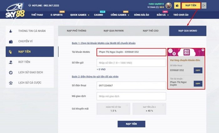 Hướng dẫn gửi tiền tại nhà cái SKY88