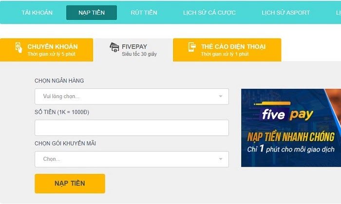 Hướng dẫn gửi tiền Five88 chi tiết